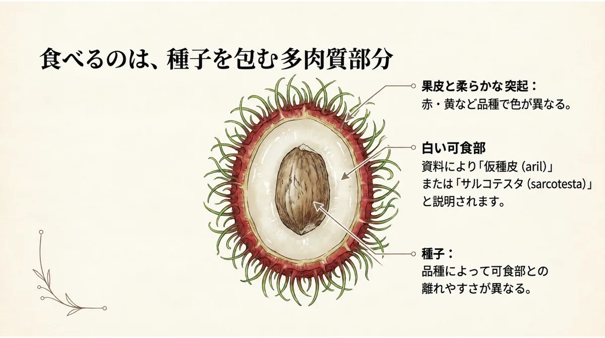 ランブータンの果皮、白い可食部、種の構造を示す断面図