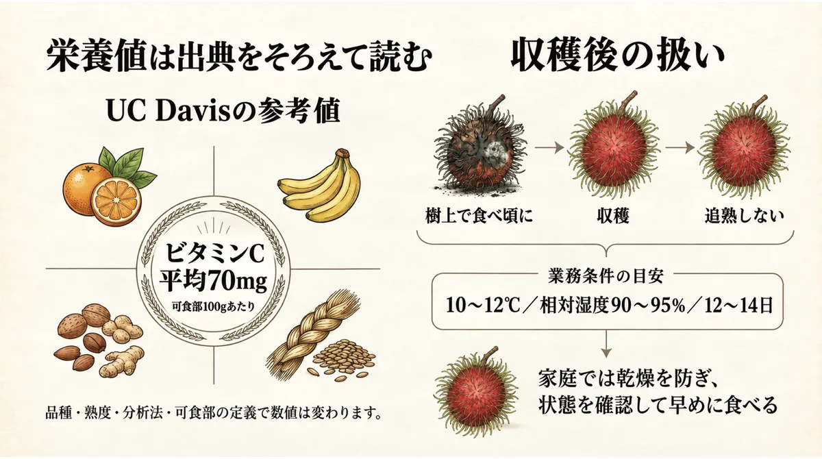 ランブータンのビタミンC参考値と追熟しない収穫後特性を示す図