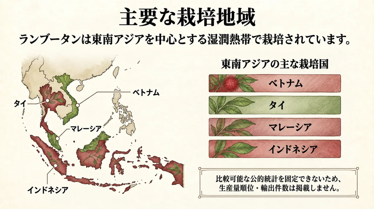 東南アジアの主なランブータン栽培地域を示す地図