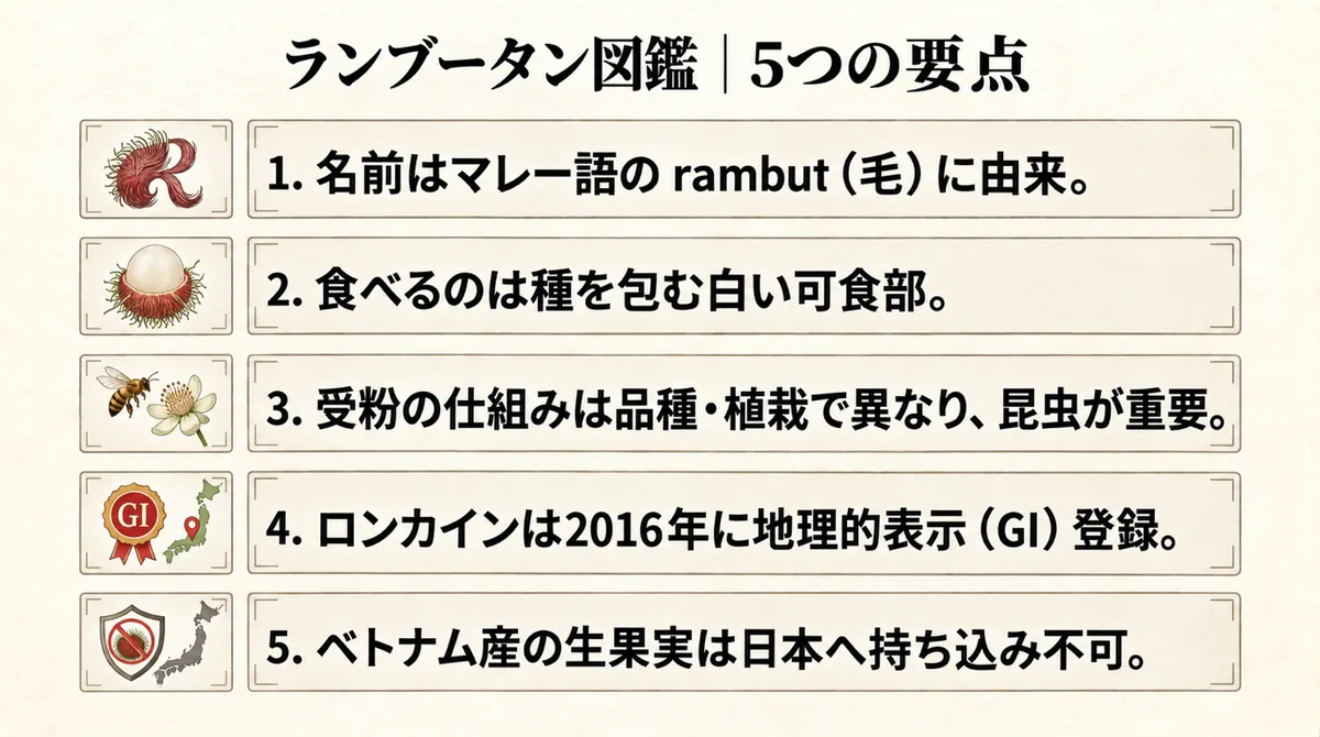 ランブータン図鑑の5つの要点をまとめた図