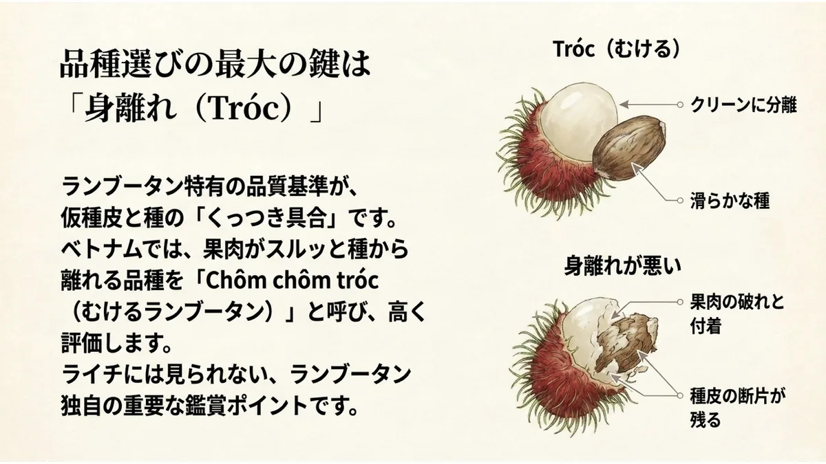 ランブータンの可食部が種から離れやすいタイプと付着しやすいタイプの比較