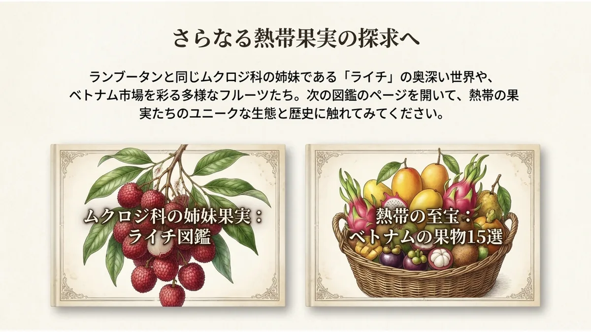ランブータンと同じムクロジ科のライチや、ベトナムの果物記事への案内