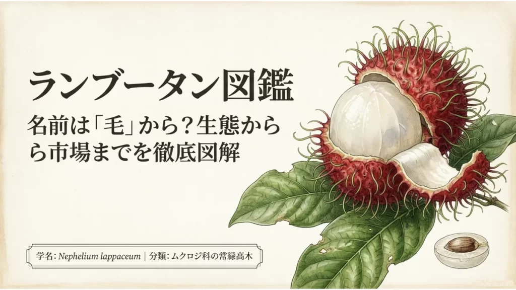 赤い果皮と柔らかな突起を持つランブータンを描いた図鑑の表紙