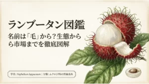 赤い果皮と柔らかな突起を持つランブータンを描いた図鑑の表紙