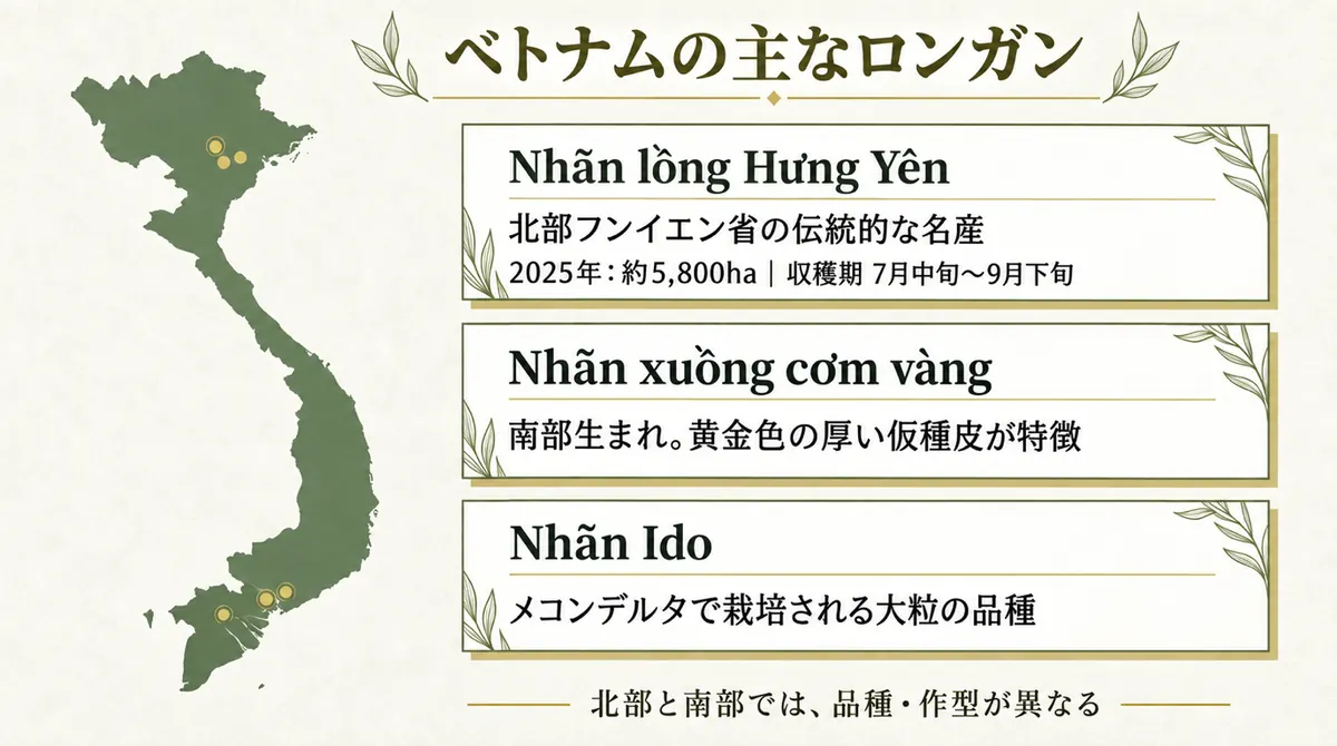 ベトナム地図と、フンイエン・ロン、黄金果肉ロンガン、イド種の産地を示す図