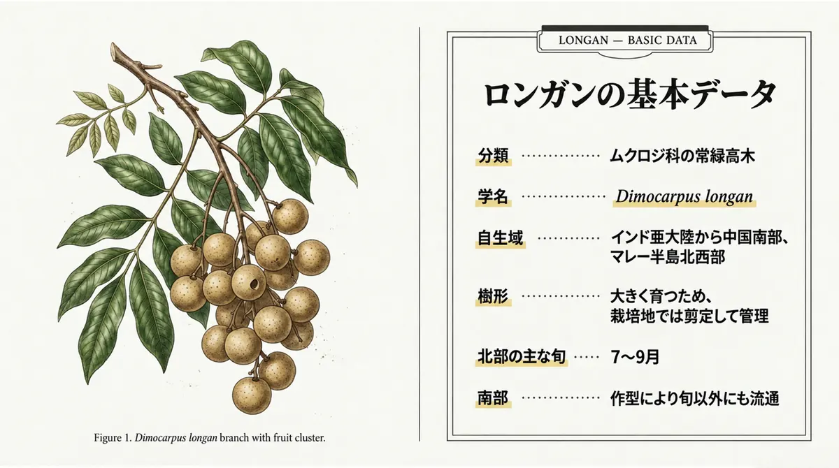 ロンガンの枝葉と果房の植物画、分類・学名・自生域・樹形を示す基本データ