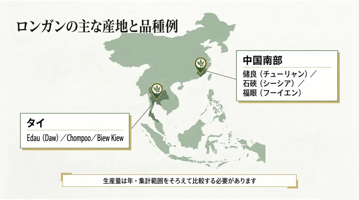 中国南部とタイを中心にロンガンの主な産地と品種例を示す地図