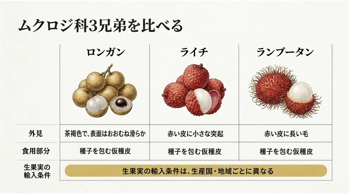 ロンガン、ライチ、ランブータンの外見と可食部を比較した表