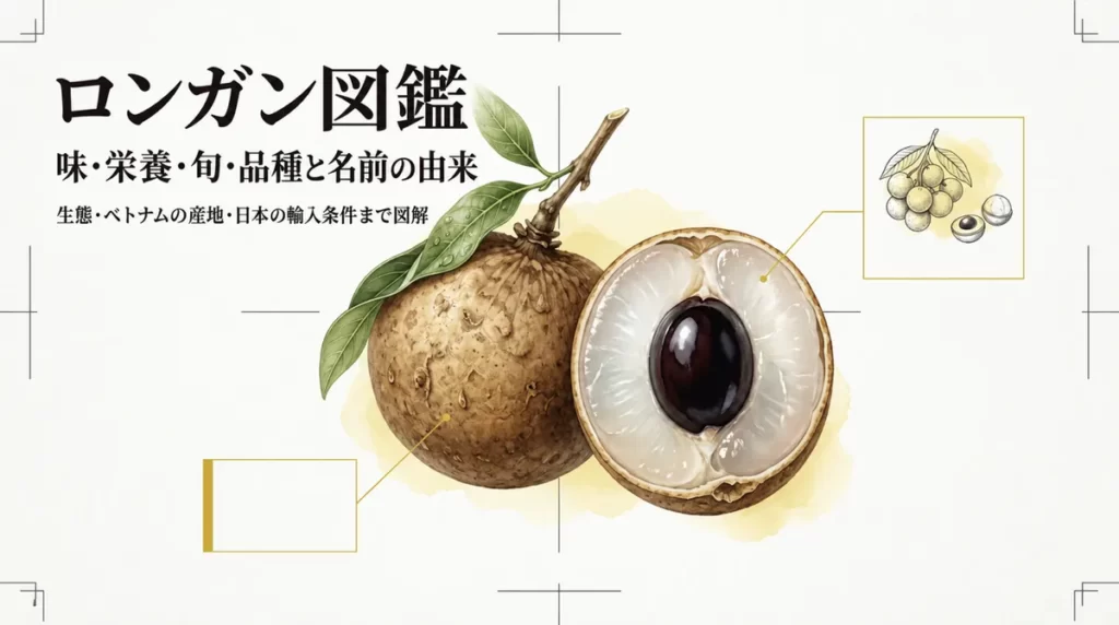 枝付きのロンガンと断面を描き、味・栄養・旬・品種と名前の由来を案内するタイトル画像