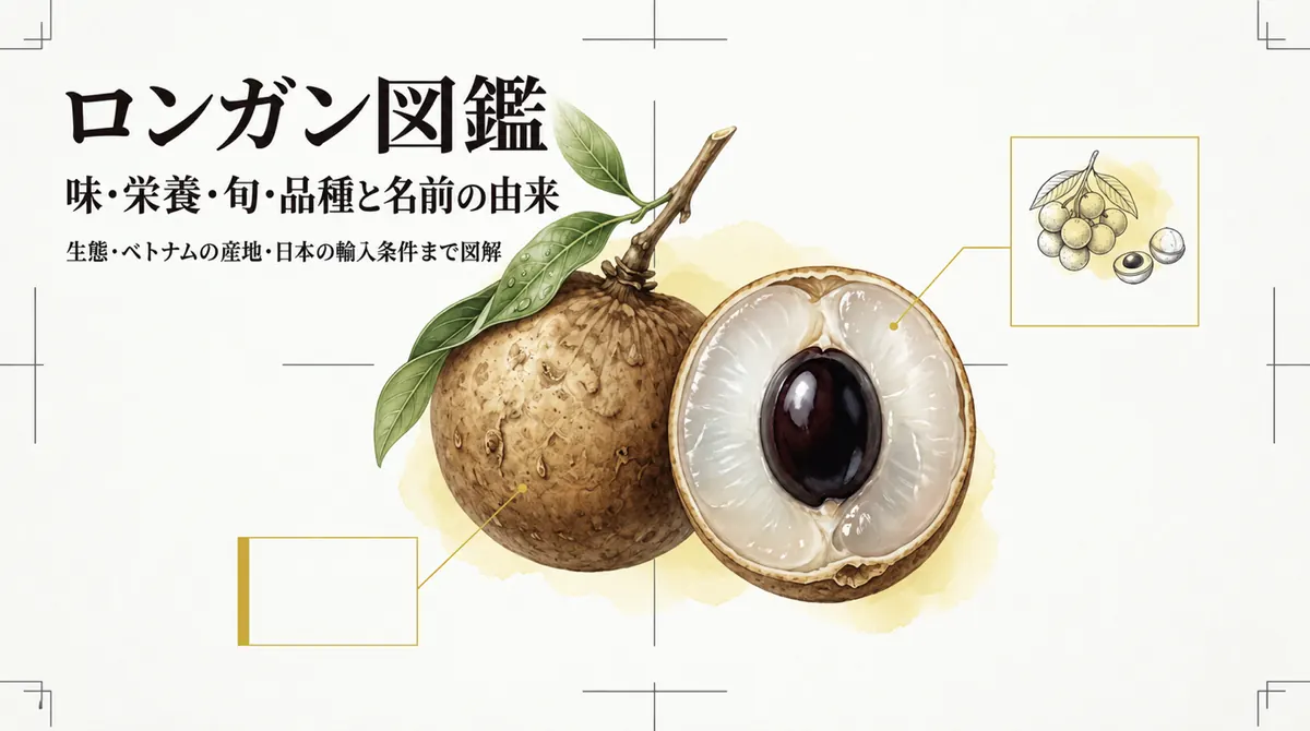 枝付きのロンガンと断面を描き、味・栄養・旬・品種と名前の由来を案内するタイトル画像