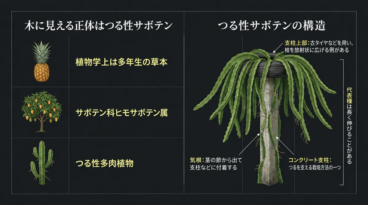 気根を出して伸びるつる性サボテンと、コンクリート支柱を使った栽培構造