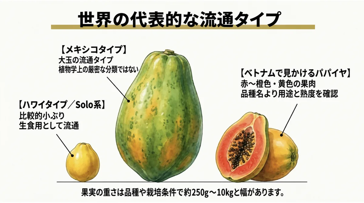 ハワイタイプ、メキシコタイプ、ベトナムで見かけるパパイヤの比較