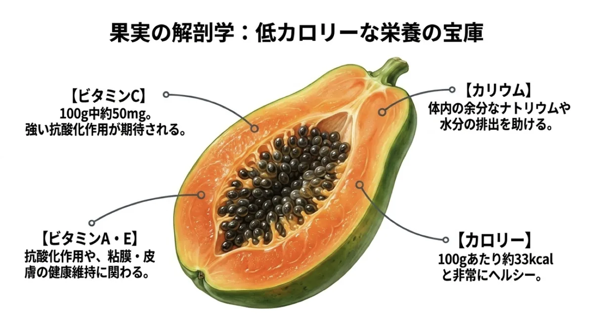 完熟パパイヤ100g当たりのビタミンC、カリウム、エネルギーを示した図