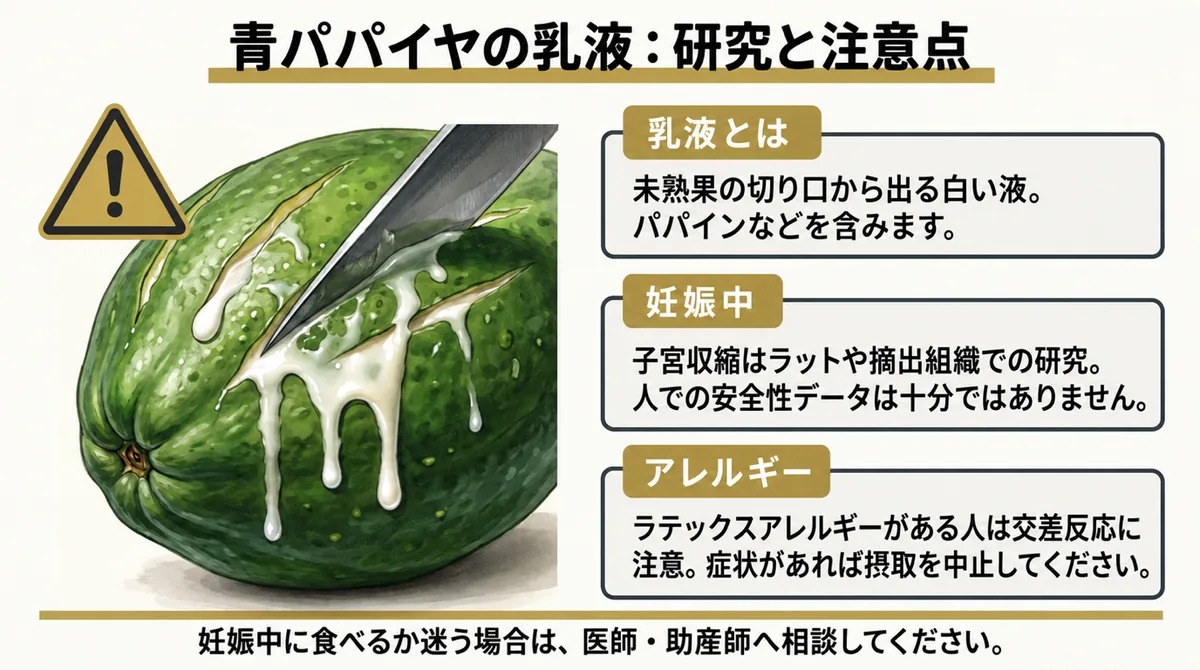 青パパイヤの乳液に関する研究、妊娠中の留意点、アレルギーをまとめた図