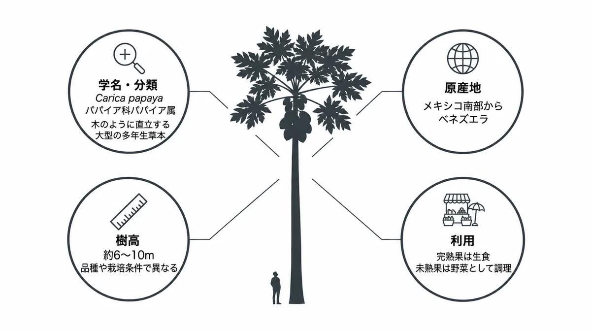 パパイヤの学名、分類、原産地、樹高、利用法をまとめた基本データ