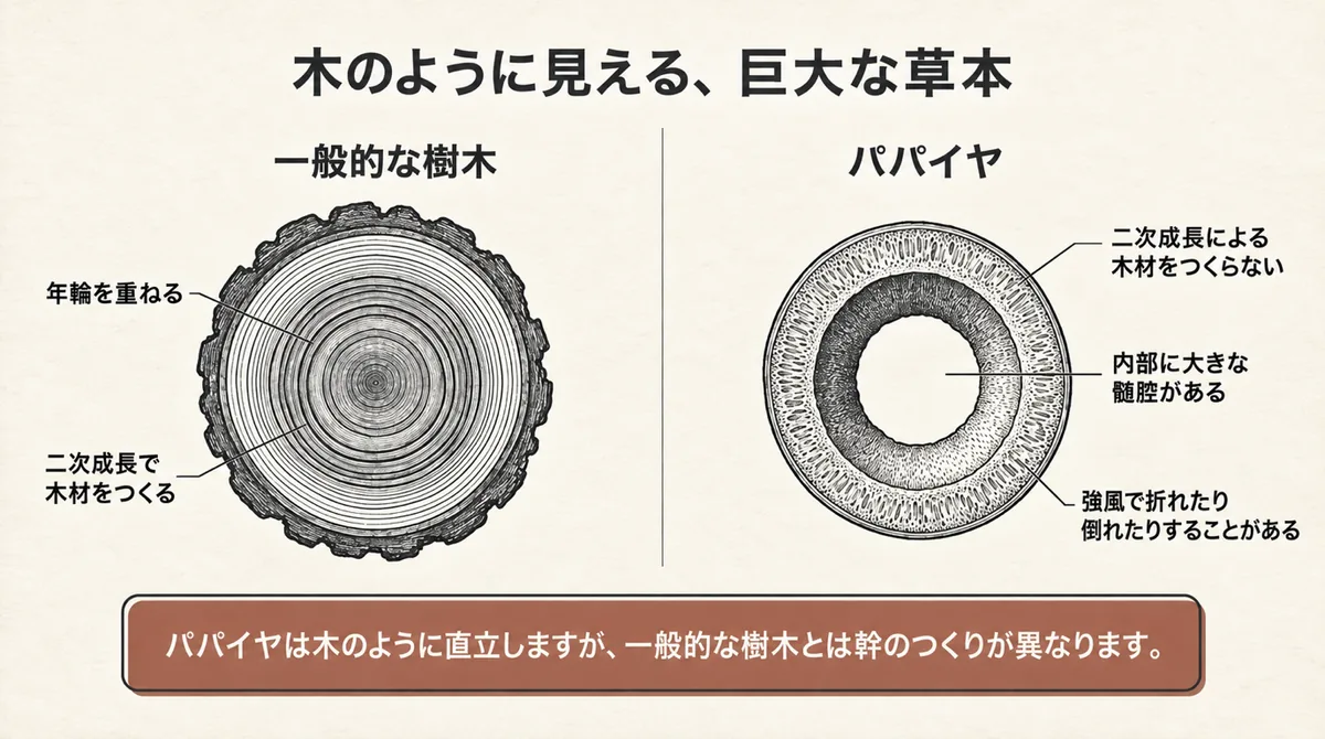 一般的な樹木とパパイヤの茎のつくりを比較した図