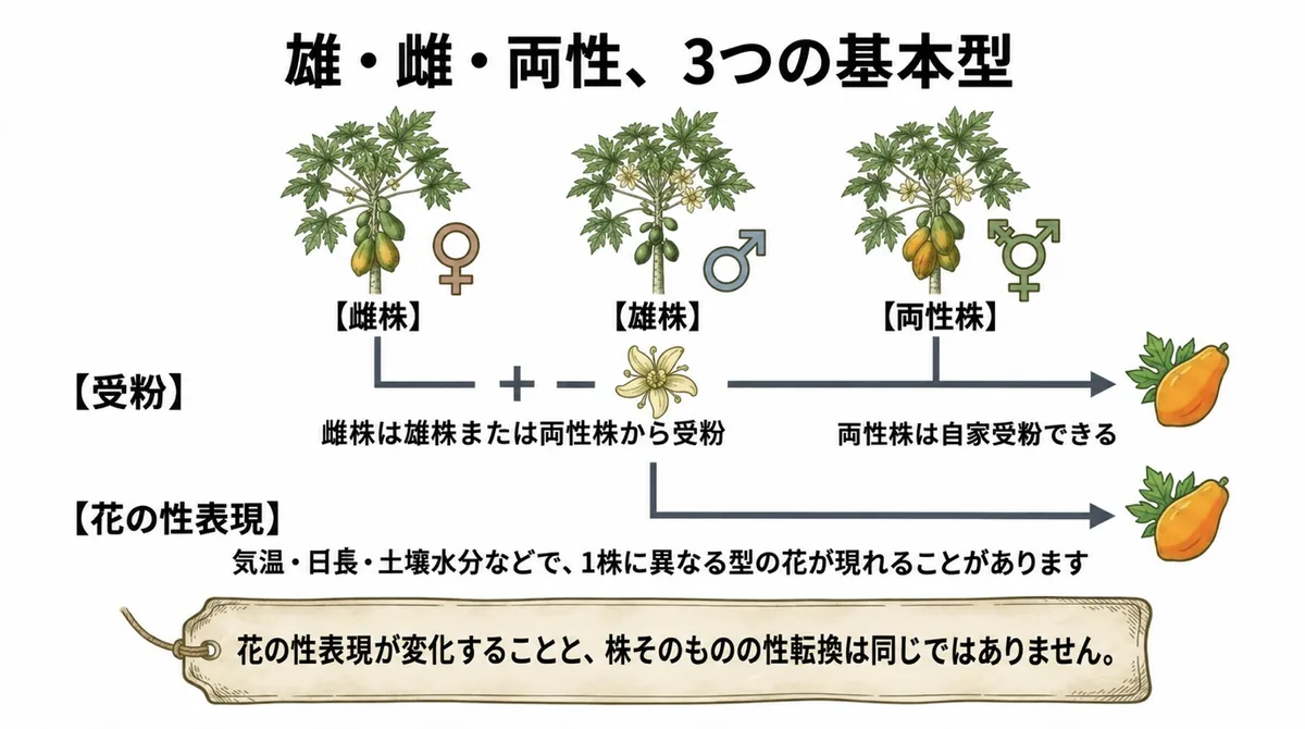 雄株、雌株、両性株の三つの基本型と受粉を説明する図