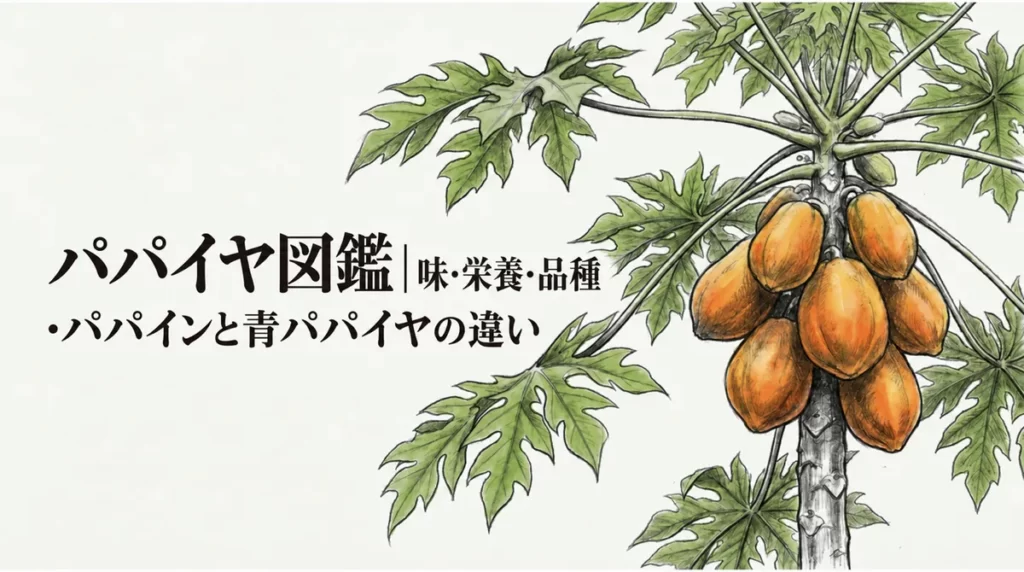 パパイヤの木と「パパイヤ図鑑｜味・栄養・品種・パパインと青パパイヤの違い」の文字