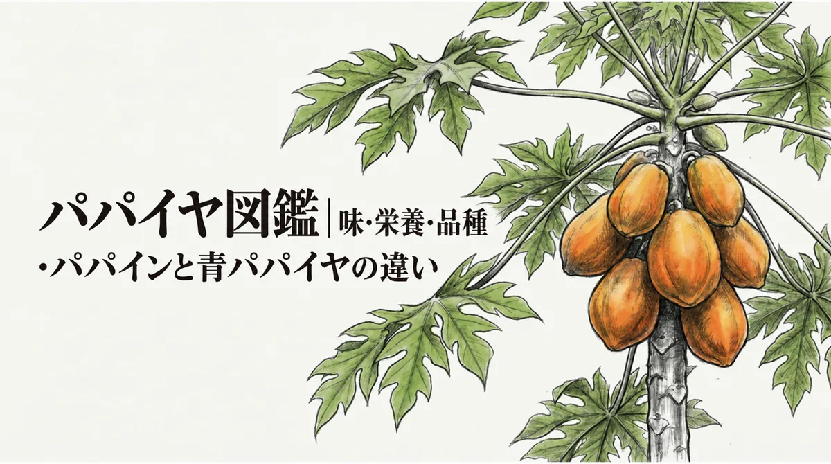 パパイヤの木と「パパイヤ図鑑|味・栄養・品種・パパインと青パパイヤの違い」の文字