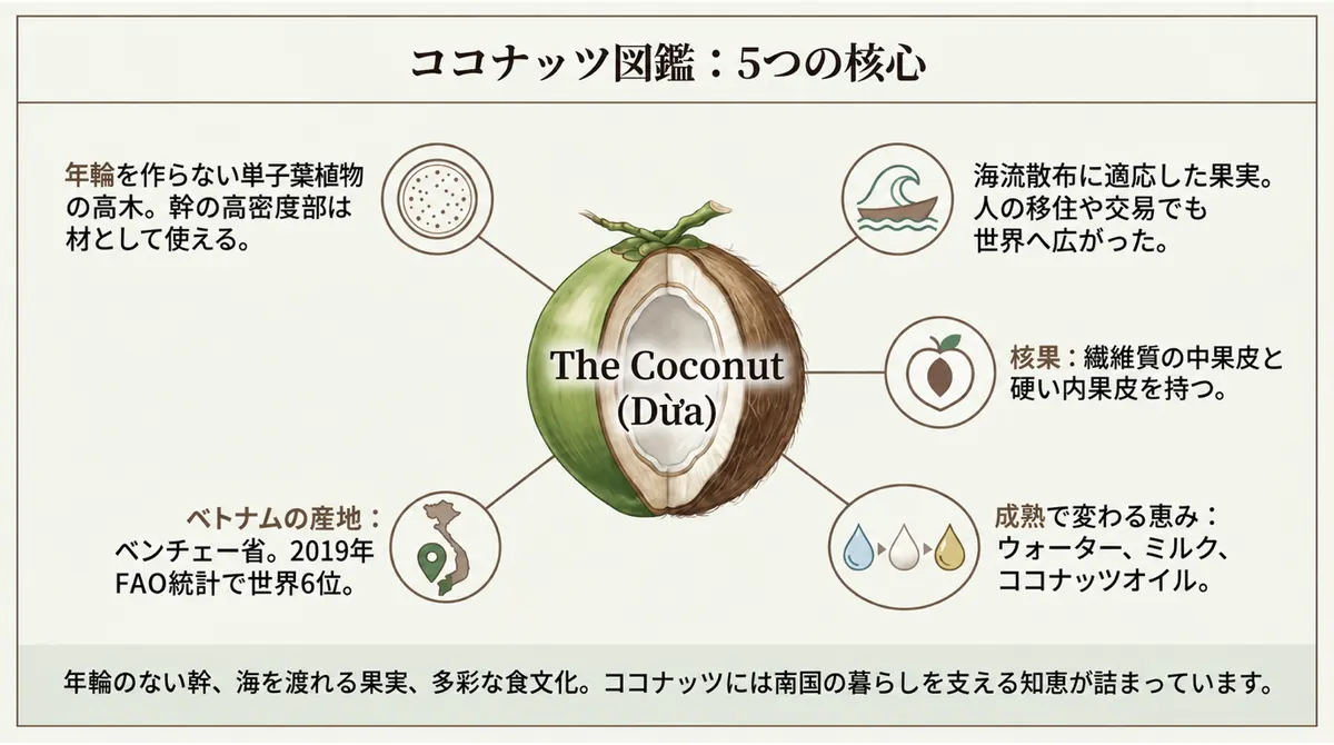 ココナッツの幹、散布、果実、用途、ベトナムの産地をまとめた図