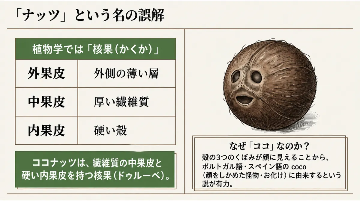 ココナッツが外果皮・繊維質の中果皮・硬い内果皮を持つ核果であることと、名称の由来を示す図