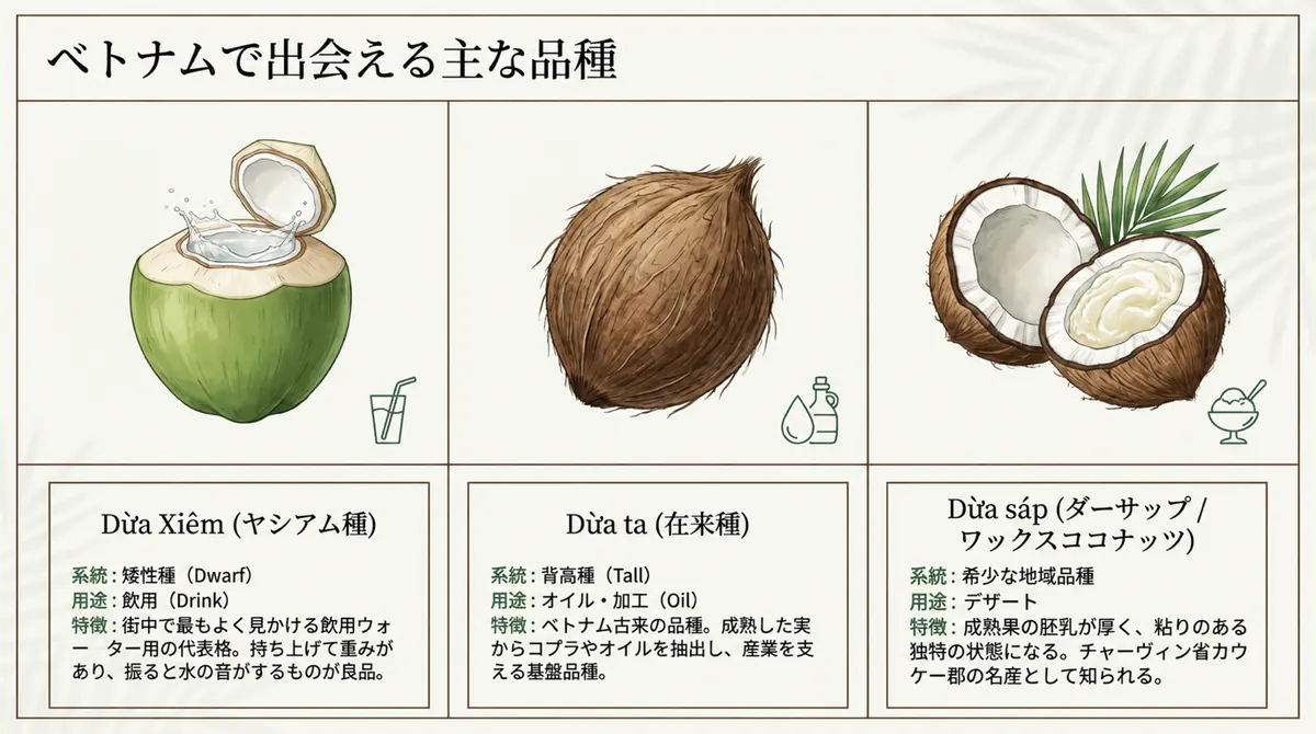 ベトナムで出会える3品種（Dừa Xiêm・Dừa ta・Dừa sáp）のイラストと特徴一覧