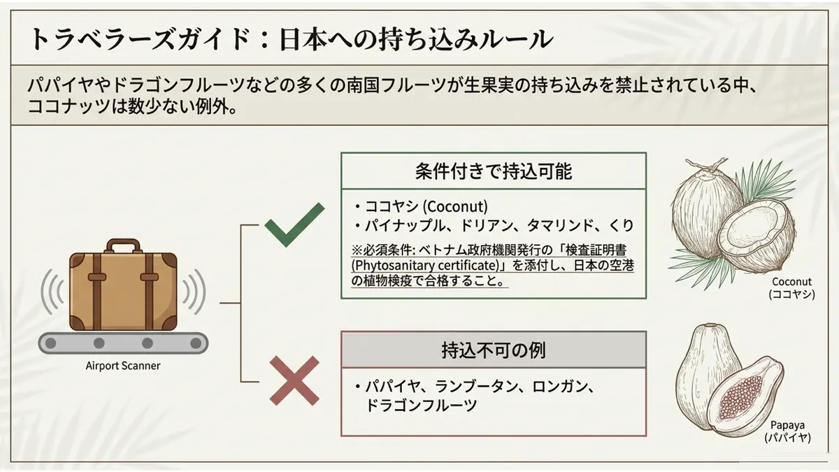 日本への持ち込みルール早見表:条件付きで持込可能(ココヤシ・パイナップル・ドリアン・タマリンド・くり)と持込不可の例(パパイヤ・ランブータン・ロンガン・ドラゴンフルーツ)