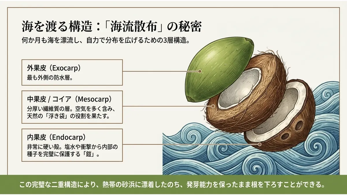 ココナッツの果実の3層構造(外果皮・中果皮/コイア・内果皮)が海流散布を可能にする仕組み
