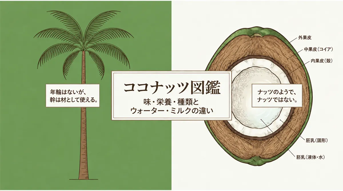 ココナッツ図鑑のタイトル画像。ココヤシと果実の断面、味・栄養・種類、ウォーターとミルクの違いを示す