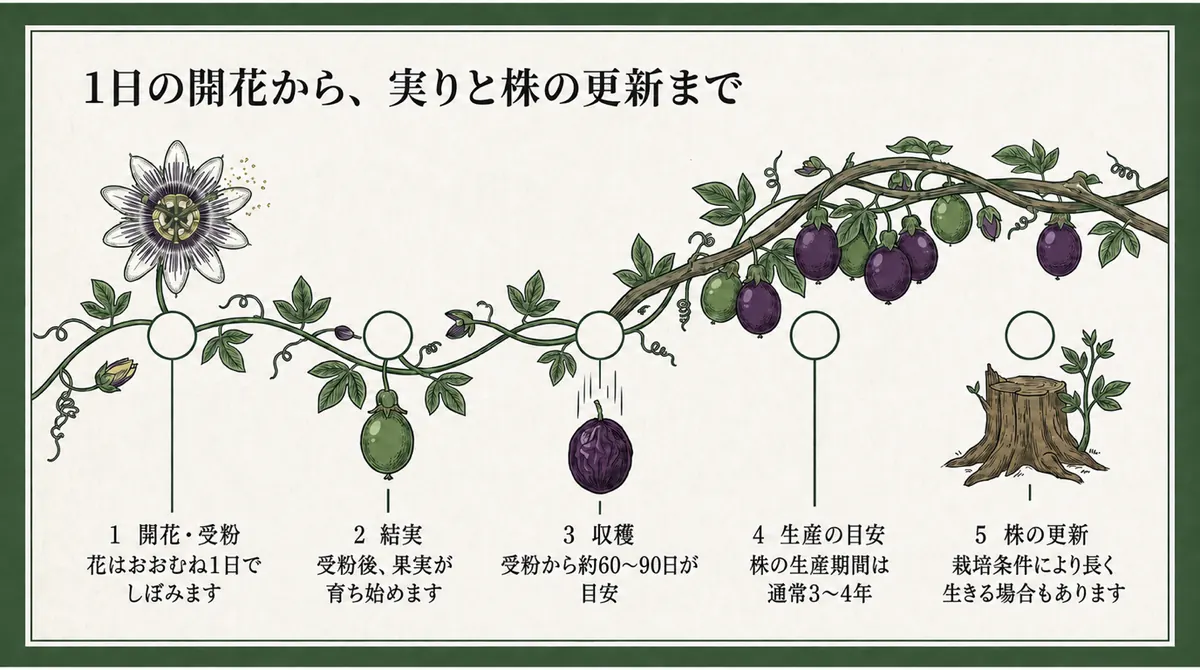 開花と受粉、結実、受粉から約60〜90日後の収穫、生産期間の目安3〜4年、栽培条件に応じた株の更新を示す図