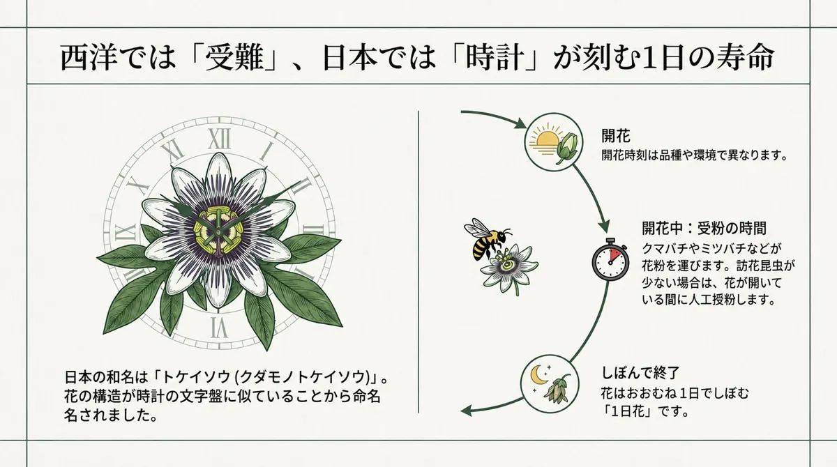 開花時刻は品種や環境で異なり、開花中にクマバチやミツバチが受粉を助け、花はおおむね1日でしぼむことを示す図