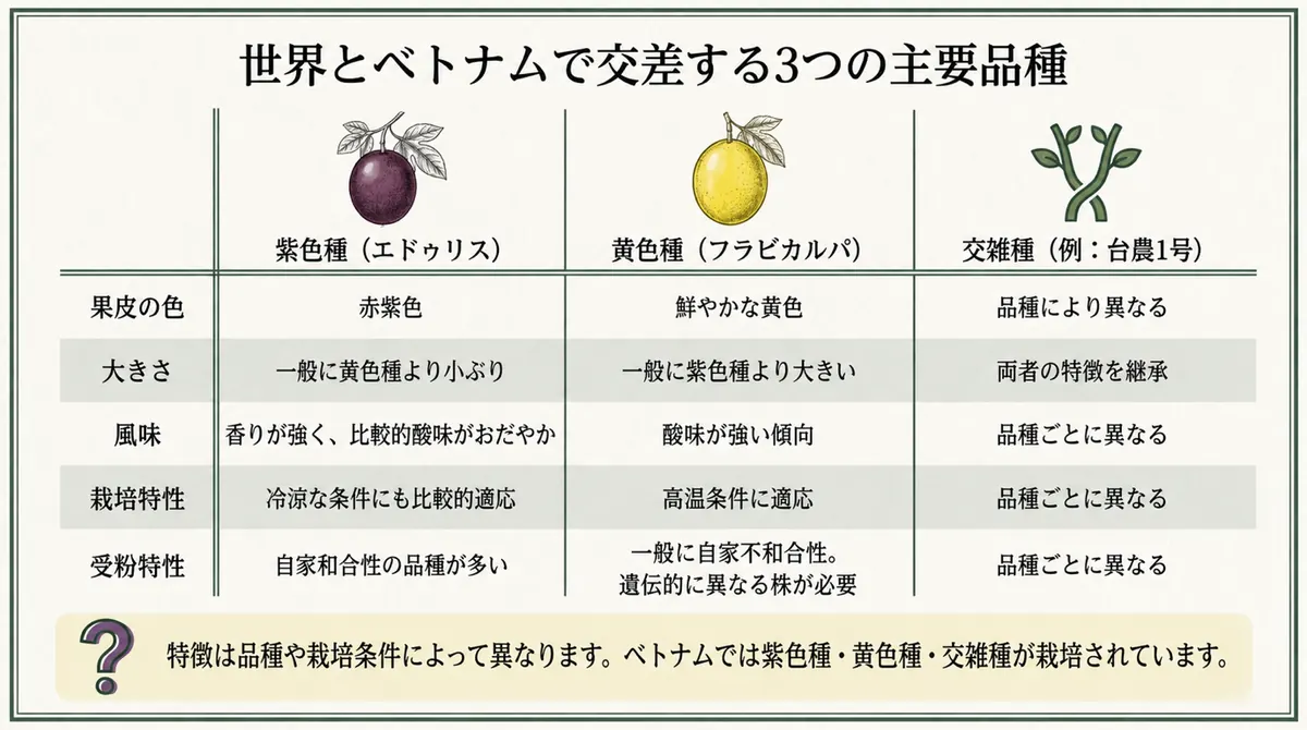 紫色種・黄色種・交雑種を、果皮の色・大きさ・風味・栽培特性・受粉特性で比較し、特徴には品種差と栽培条件差があることを示す表