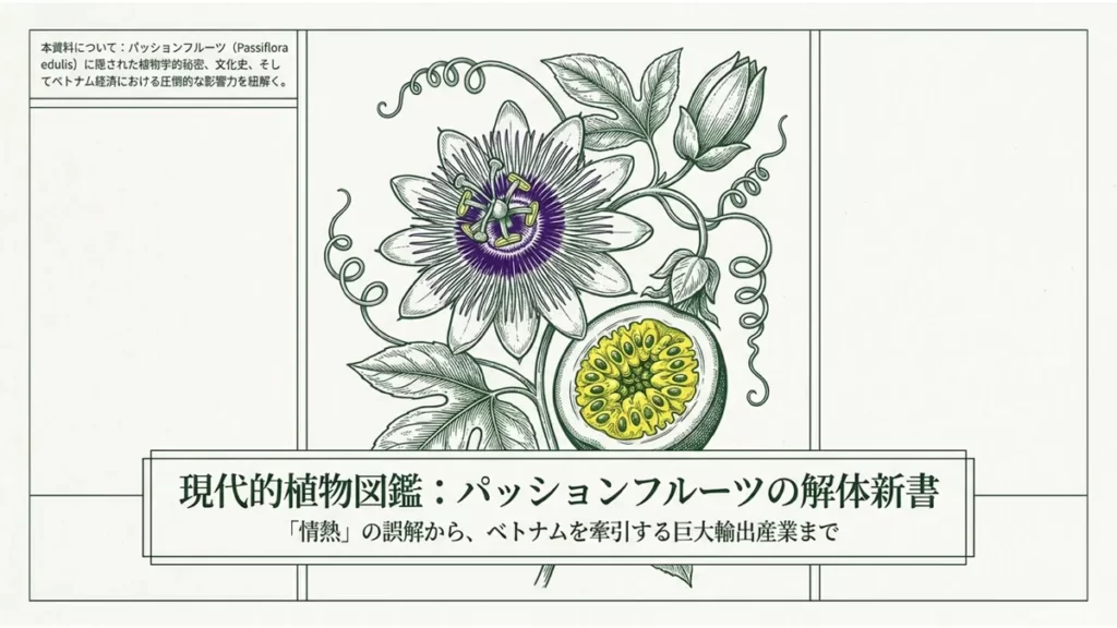 現代的植物図鑑:パッションフルーツの解体新書というタイトルビジュアル。「情熱」の誤解から、ベトナムを牽引する巨大輸出産業までを紐解くという副題と、受難の花の植物画