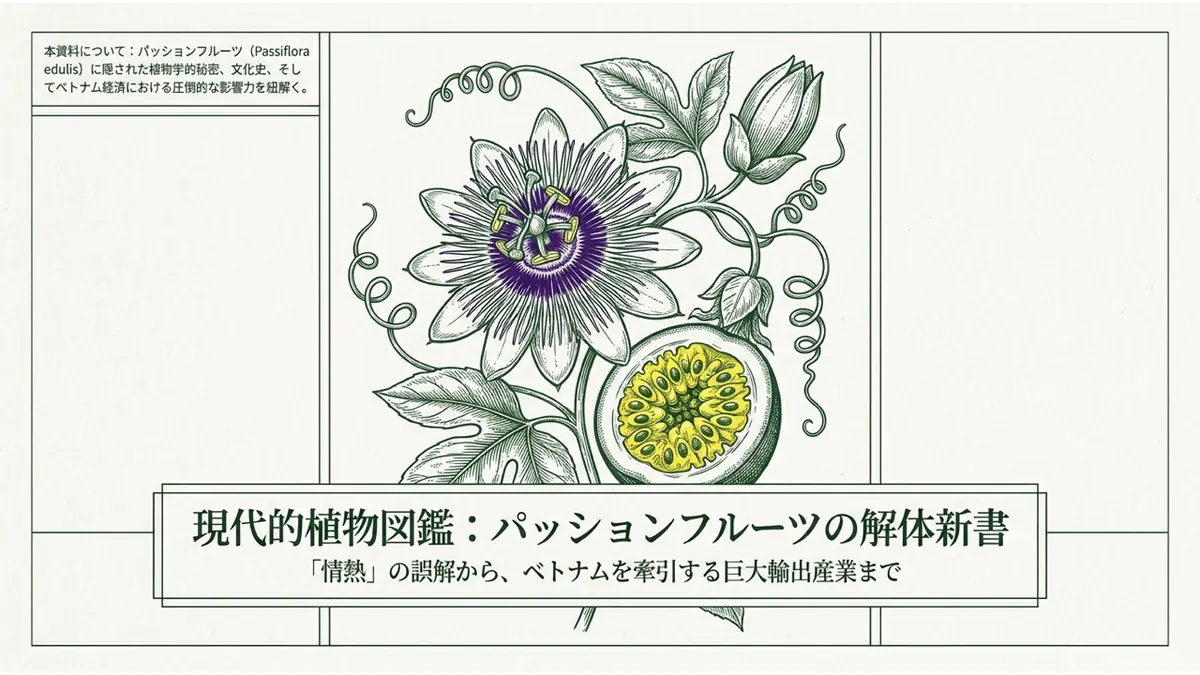 現代的植物図鑑:パッションフルーツの解体新書というタイトルビジュアル。「情熱」の誤解から、ベトナムを牽引する巨大輸出産業までを紐解くという副題と、受難の花の植物画