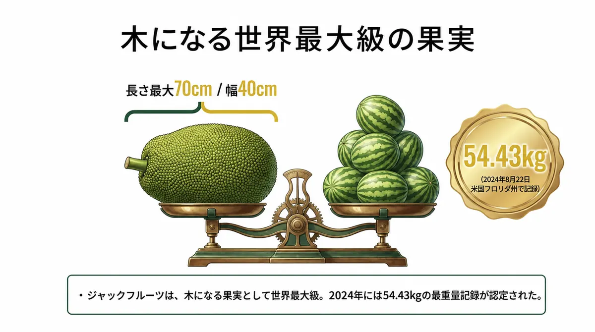 ジャックフルーツと54.43kgのギネス記録を示す図
