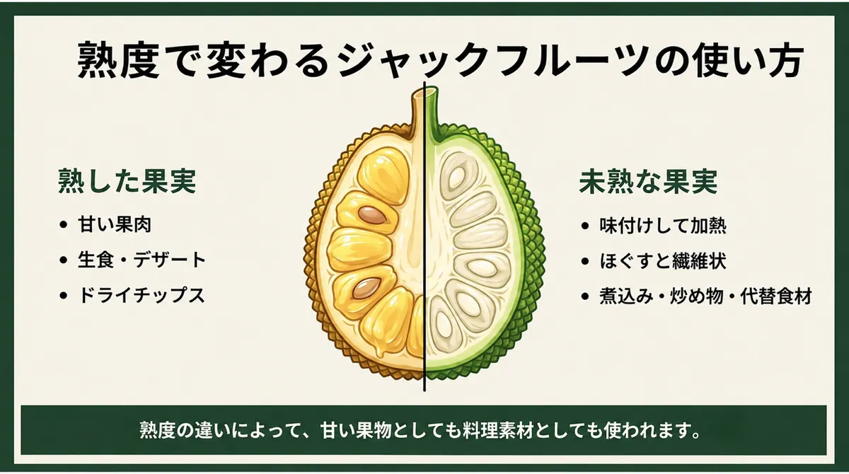 熟果を生食やデザートに使う例と、未熟果を料理に使う例を対比した図