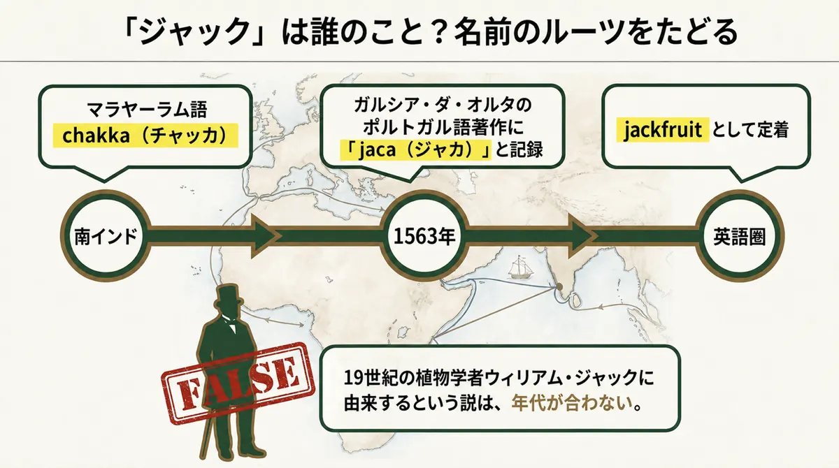 マラヤーラム語chakkaからポルトガル語jaca、英語jackfruitへと変化した名前の由来