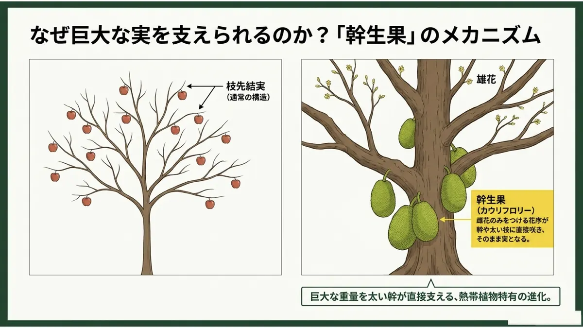 なぜ巨大な実を支えられるのか?「幹生果」のメカニズム。通常の果物(リンゴ)は枝先に実がなるが、ジャックフルーツは雌花のみをつける花序が幹や太い枝に直接咲き、そのまま実になる様子を比較したイラスト