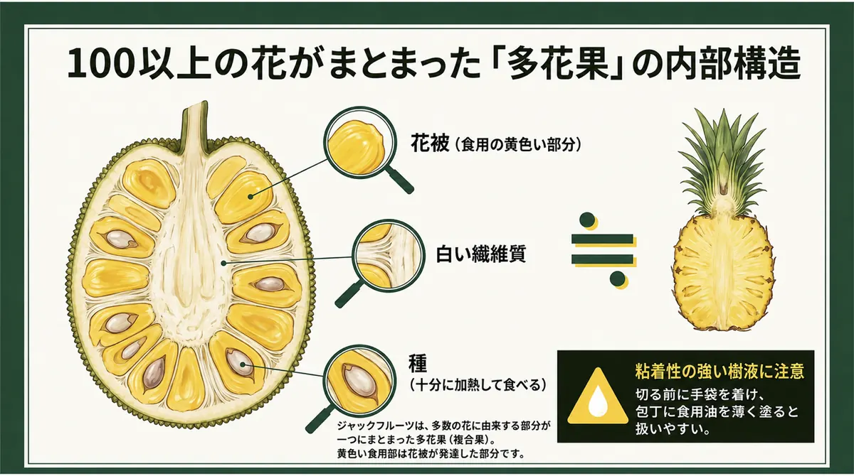 多数の花からできる多花果の断面と、黄色い食用部、種子、白い繊維質を示す図