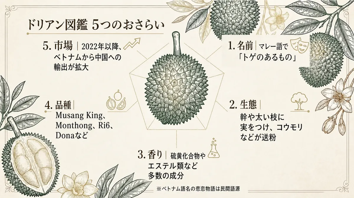 ドリアンの名前、生態、香り、品種、市場を5項目で振り返るまとめ図