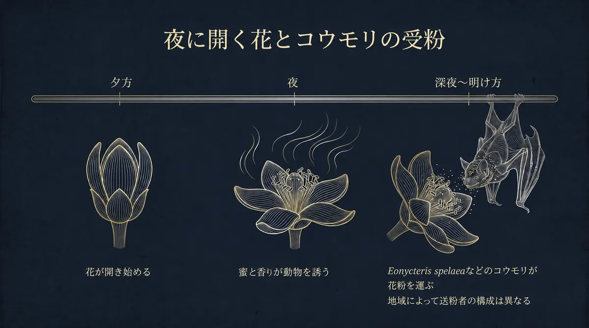 夕方から深夜へ開花するドリアンの花と、花粉を運ぶコウモリを示した図
