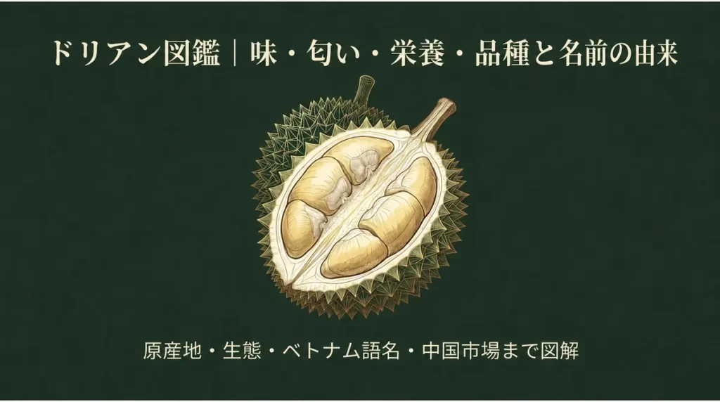 切ったドリアンと「ドリアン図鑑｜味・匂い・栄養・品種と名前の由来」の文字を配したタイトル画像