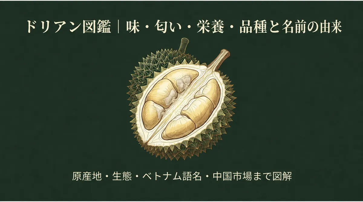 切ったドリアンと「ドリアン図鑑|味・匂い・栄養・品種と名前の由来」の文字を配したタイトル画像