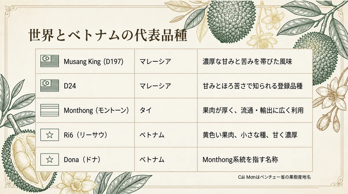 Musang King、D24、Monthong、Ri6、Donaの産地と特徴を比較した表