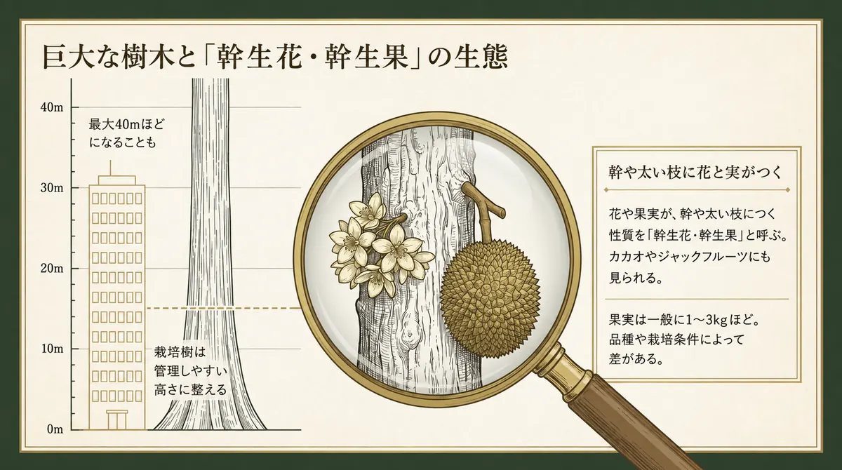大きなドリアンの樹と、幹や太い枝に花と実が付く様子を示した図