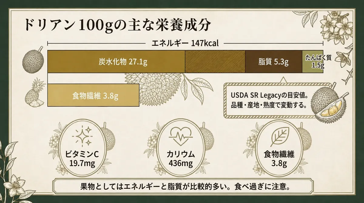 ドリアン100グラム当たりの主な栄養成分を示した図