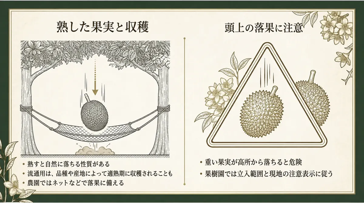 熟したドリアンの自然落果と、高所から落ちる重い果実への注意を示した図