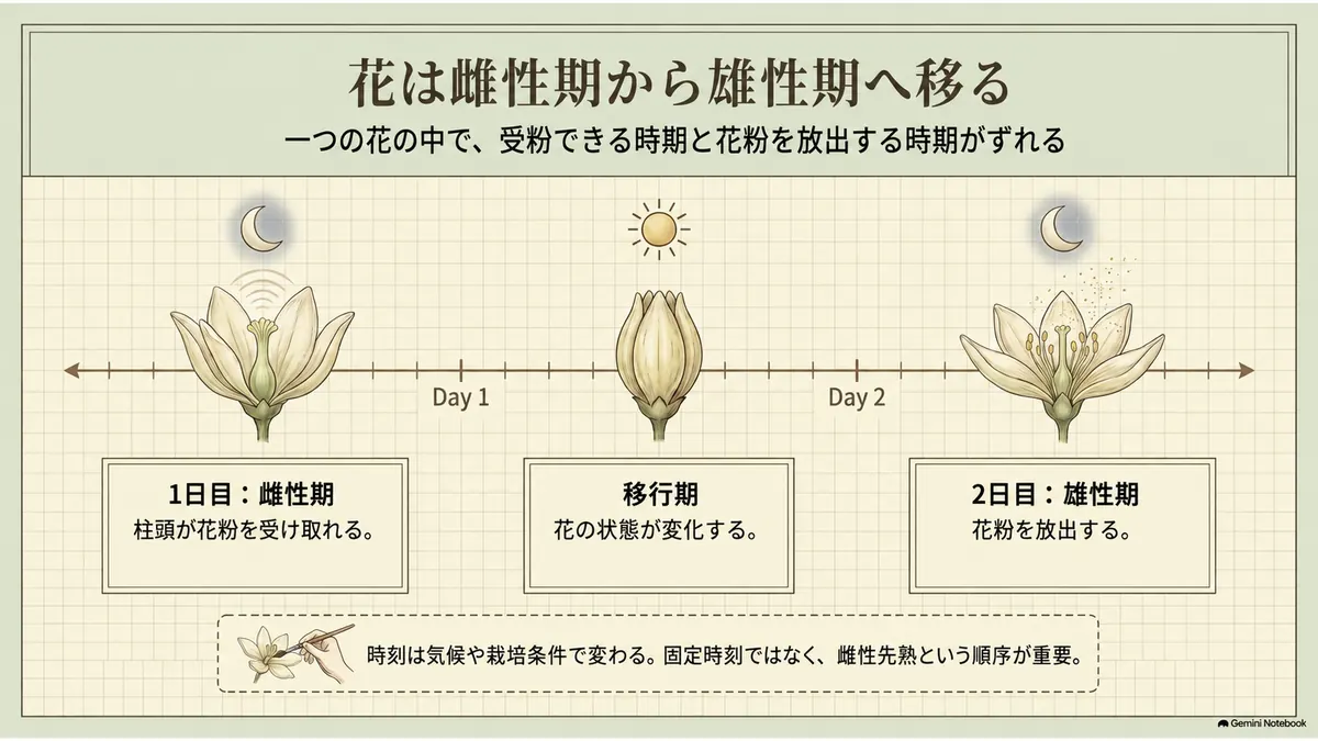 バンレイシの花が1日目の雌性期から2日目の雄性期へ移る流れ
