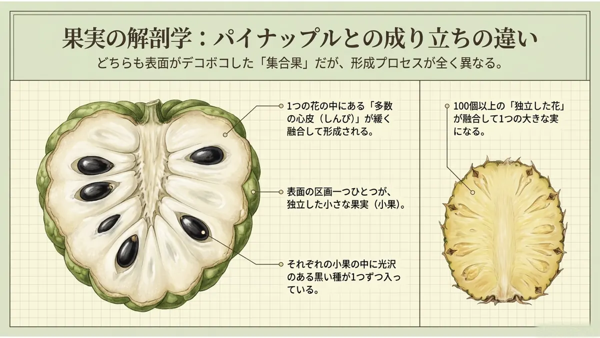 1つの花からできるバンレイシの集合果と、多数の花からできるパイナップルの複合果の比較