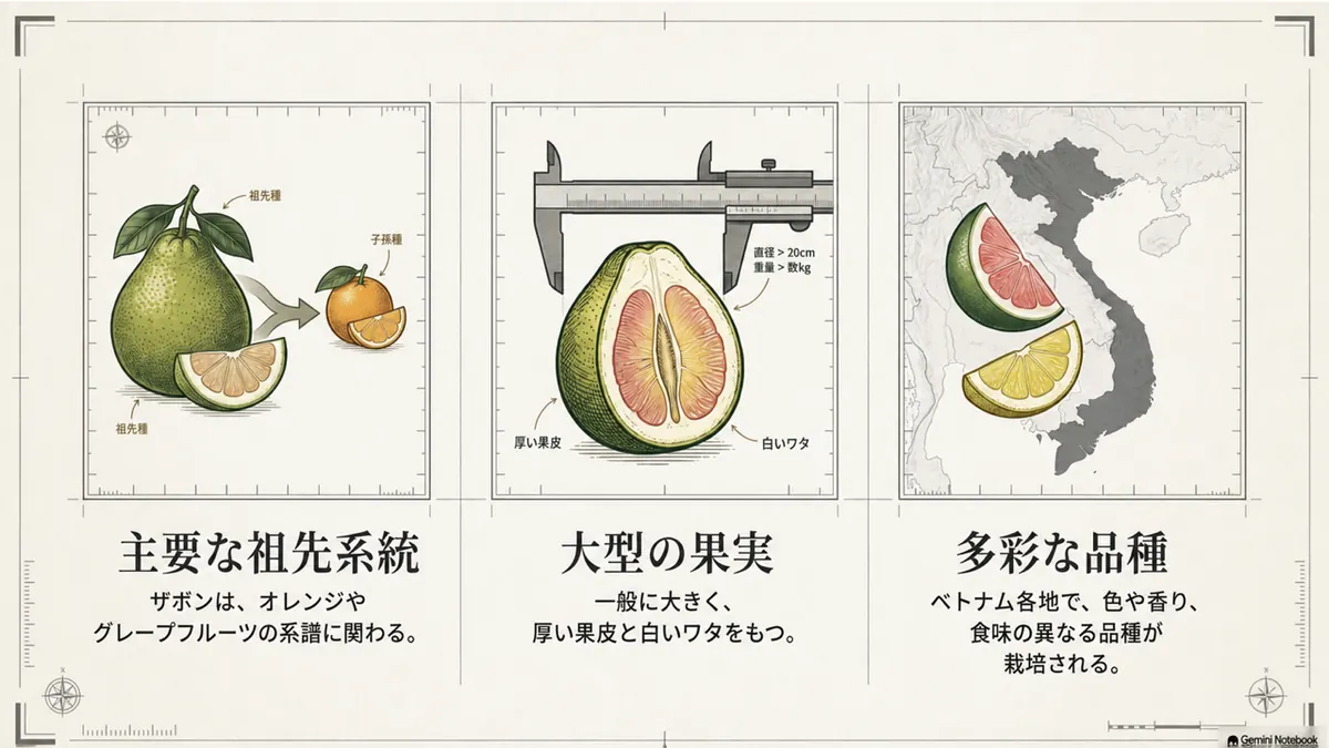ザボンの特徴と柑橘類における位置づけをまとめた図